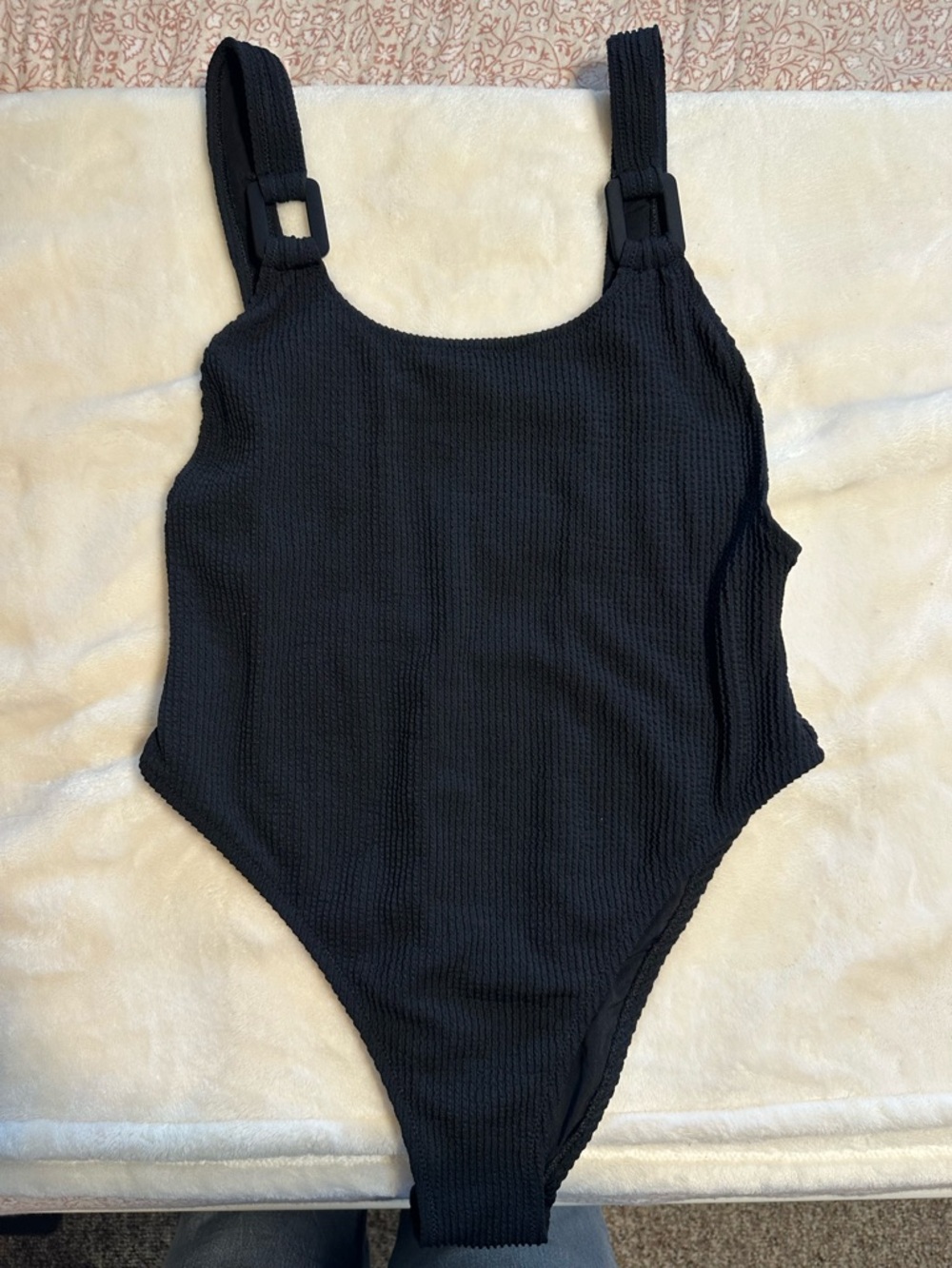 aerie Black Ribbed One-Piece Swimsuit with Buckled Straps